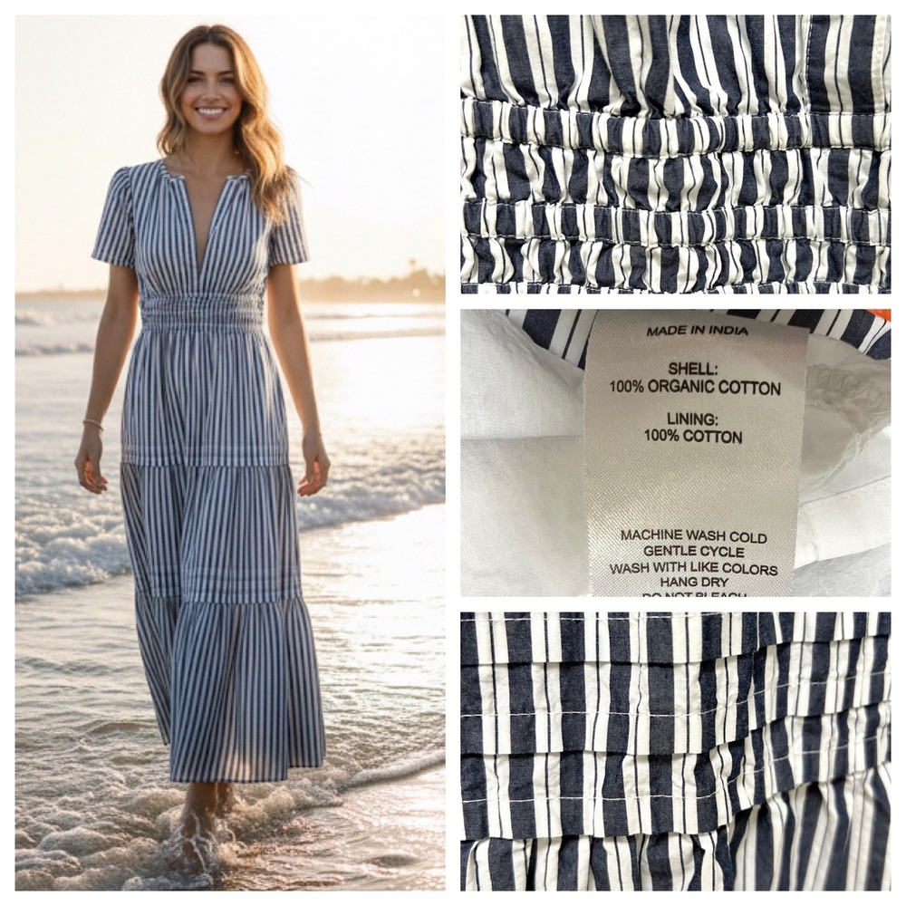 Quince Organic Cotton Tiered Maxi Dress‎ Navy White Stripe Smocked Resortwear M - Picture 8 of 17